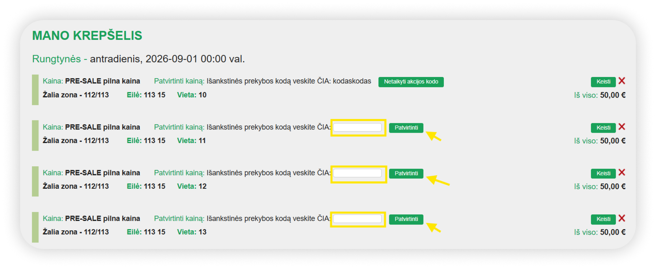 A yellow box is on the right of the word "HERE" or "ČIA" where you can write the pre-sale code, in addition to the green "Patvirtinti" or "Confirm" button on the right of the box